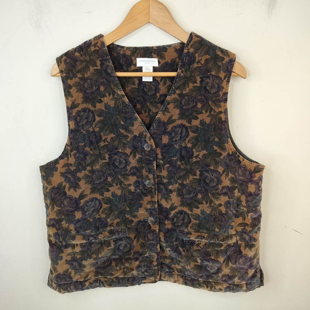 Jones New York Vintage Velvet Floral Vest Medium Made in Hong Kong Button Up